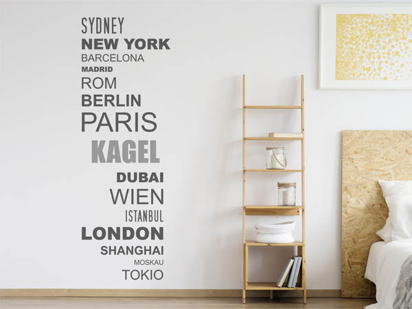 Wandtattoo Kagel mit Weltstädten