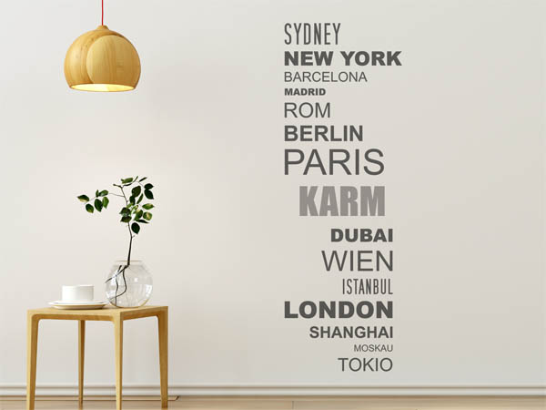Wandtattoo Karm mit Weltstädten