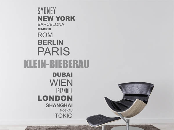 Wandtattoo Klein-Bieberau mit Weltstädten
