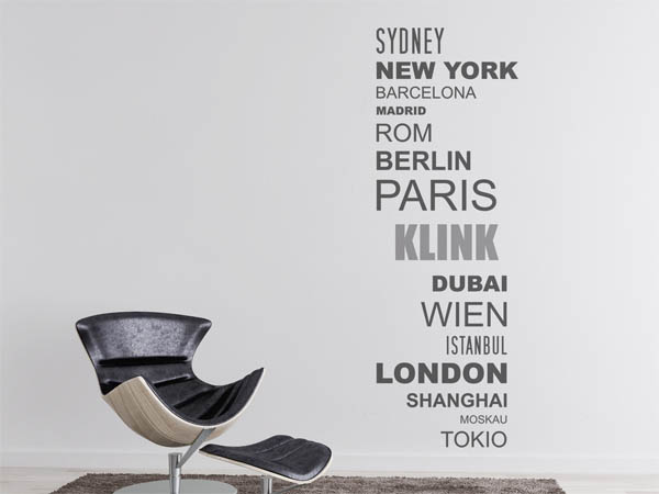 Wandtattoo Klink mit Weltstädten