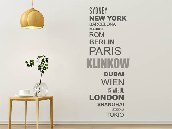 Wandtattoo Klinkow mit Weltstädten