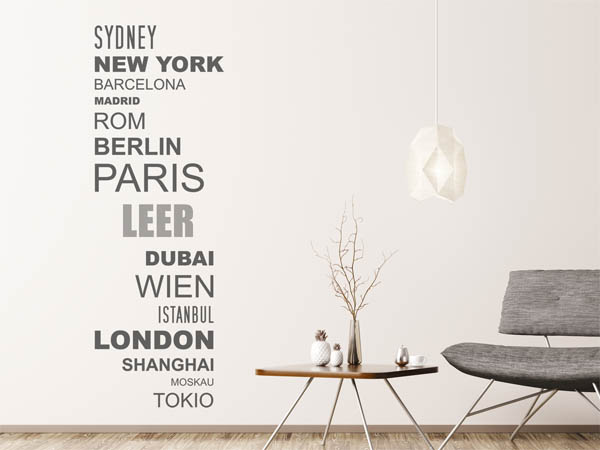 Wandtattoo Leer mit Weltstädten