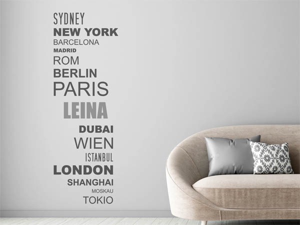 Wandtattoo Leina mit Weltstädten