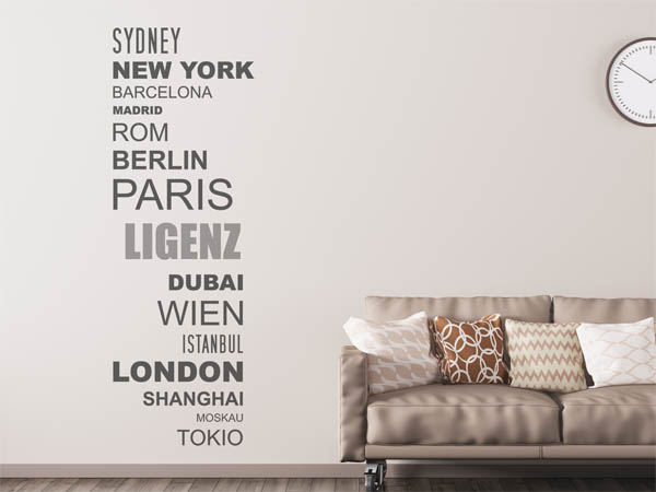 Wandtattoo Ligenz mit Weltstädten