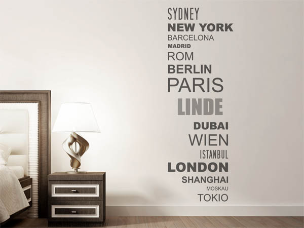 Wandtattoo Linde mit Weltstädten