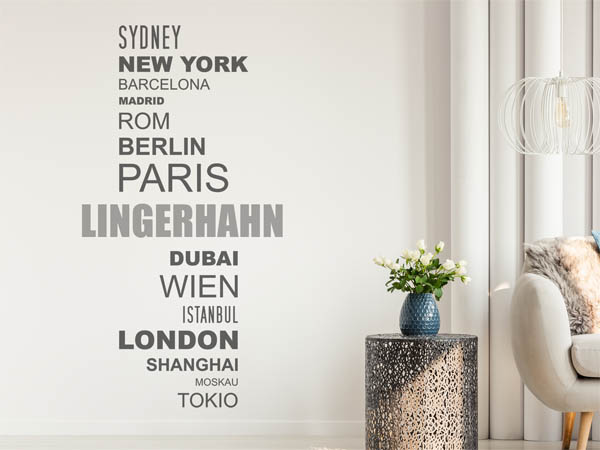 Wandtattoo Lingerhahn mit Weltstädten