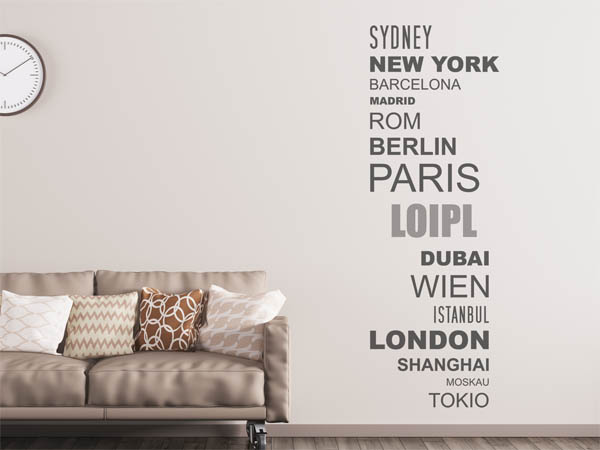 Wandtattoo Loipl mit Weltstädten