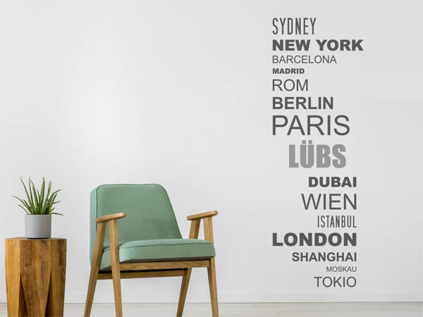 Wandtattoo Lübs mit Weltstädten