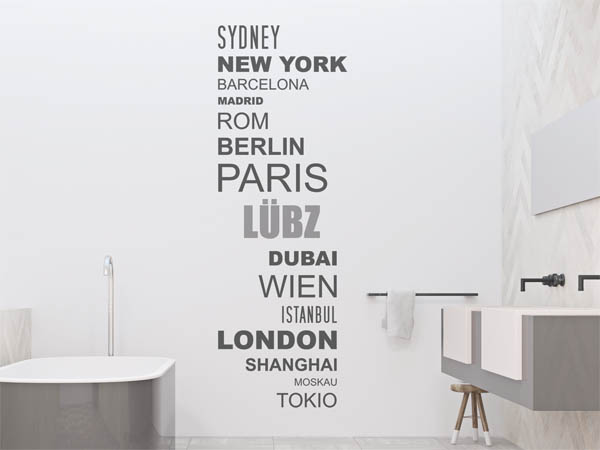 Wandtattoo Lübz mit Weltstädten