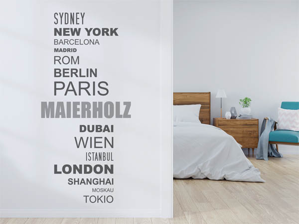 Wandtattoo Maierholz mit Weltstädten