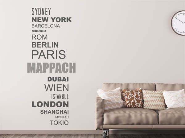 Wandtattoo Mappach mit Weltstädten