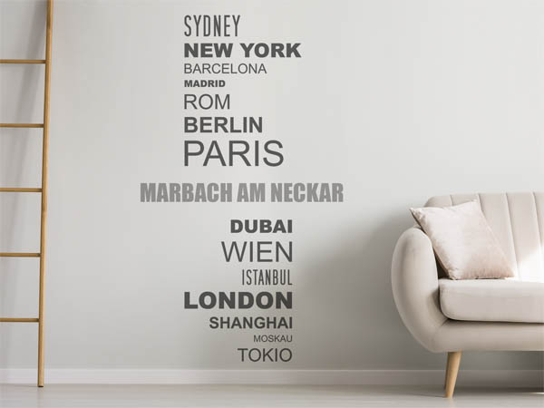 Wandtattoo Marbach am Neckar mit Weltstädten
