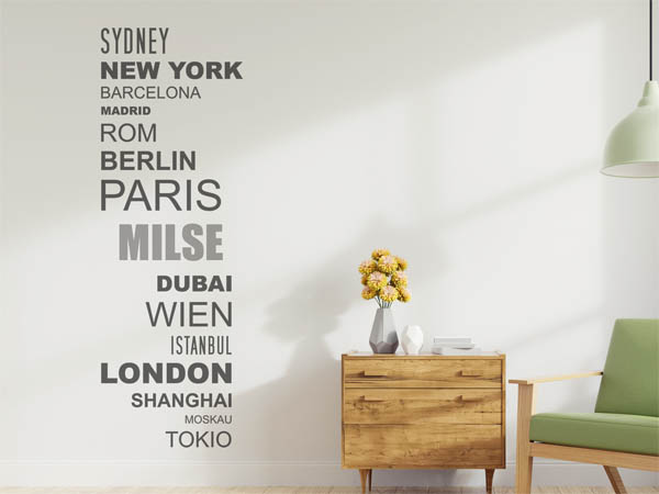 Wandtattoo Milse mit Weltstädten