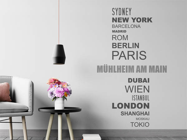 Wandtattoo Mühlheim am Main mit Weltstädten