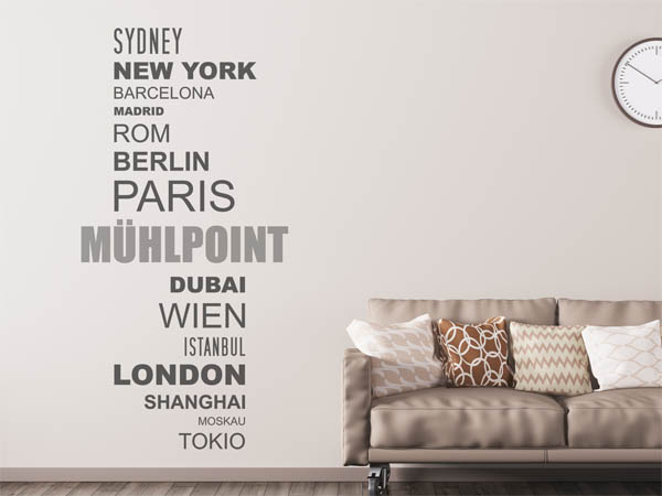 Wandtattoo Mühlpoint mit Weltstädten