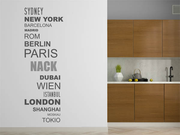 Wandtattoo Nack mit Weltstädten