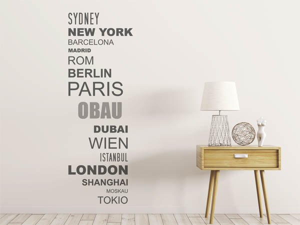 Wandtattoo Obau mit Weltstädten
