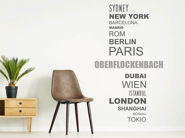 Wandtattoo Oberflockenbach mit Weltstädten