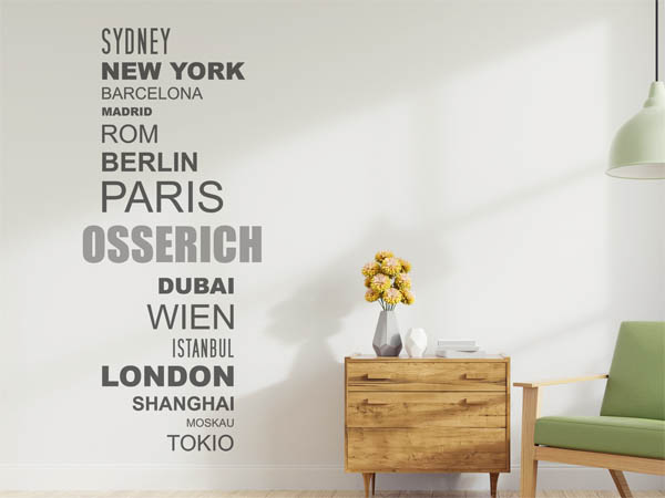 Wandtattoo Osserich mit Weltstädten