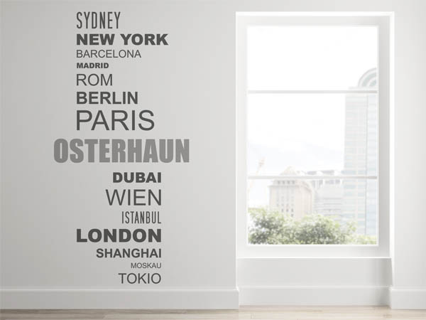 Wandtattoo Osterhaun mit Weltstädten