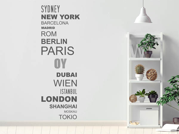 Wandtattoo Oy mit Weltstädten