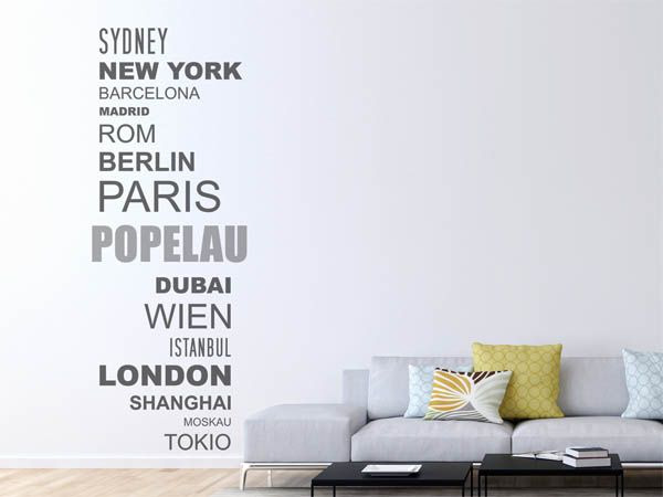 Wandtattoo Popelau mit Weltstädten