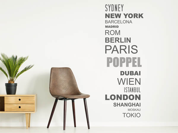 Wandtattoo Poppel mit Weltstädten