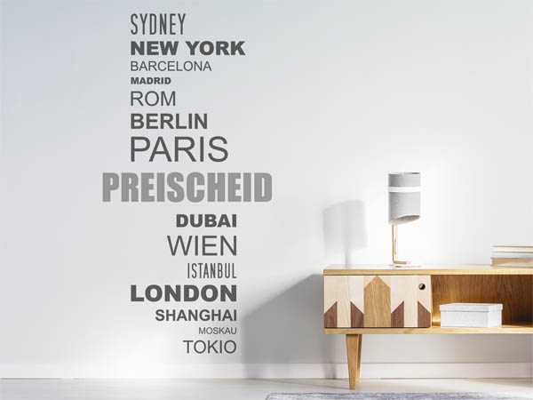 Wandtattoo Preischeid mit Weltstädten
