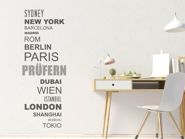 Wandtattoo Prüfern mit Weltstädten