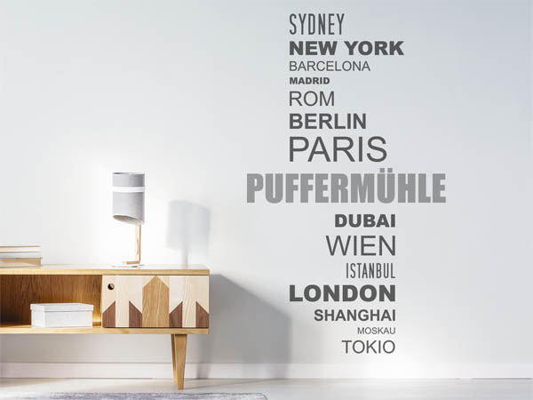 Wandtattoo Puffermühle mit Weltstädten