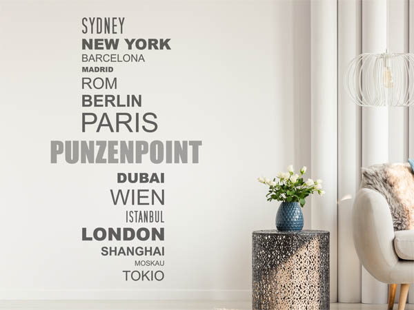 Wandtattoo Punzenpoint mit Weltstädten
