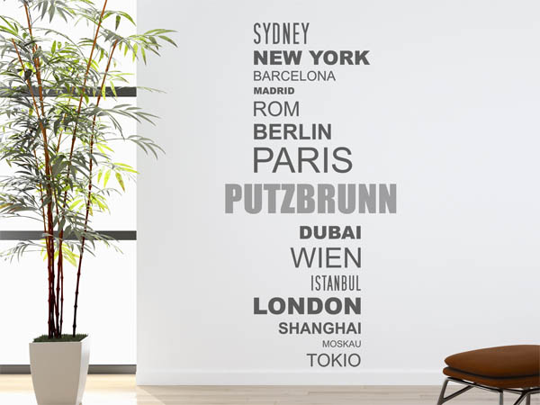 Wandtattoo Putzbrunn mit Weltstädten