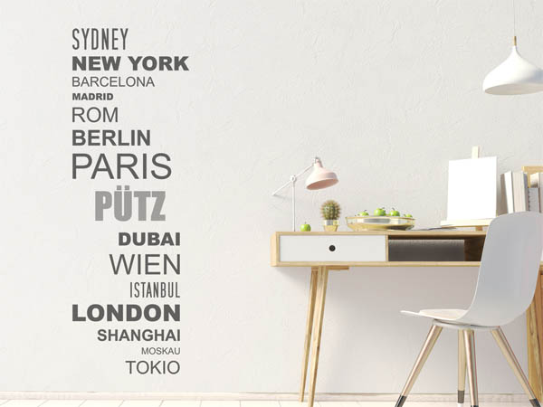 Wandtattoo Pütz mit Weltstädten