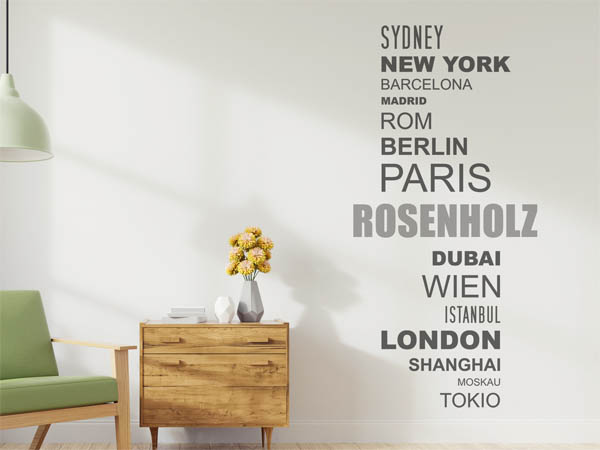Wandtattoo Rosenholz mit Weltstädten
