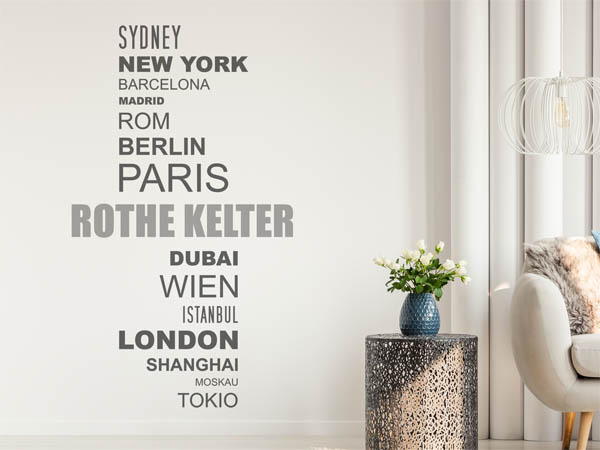 Wandtattoo Rothe Kelter mit Weltstädten