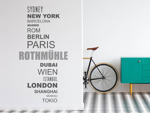 Wandtattoo Rothmühle mit Weltstädten