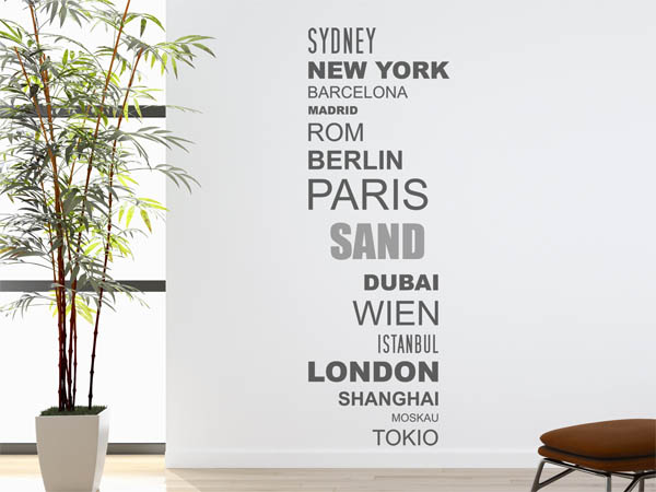 Wandtattoo Sand mit Weltstädten
