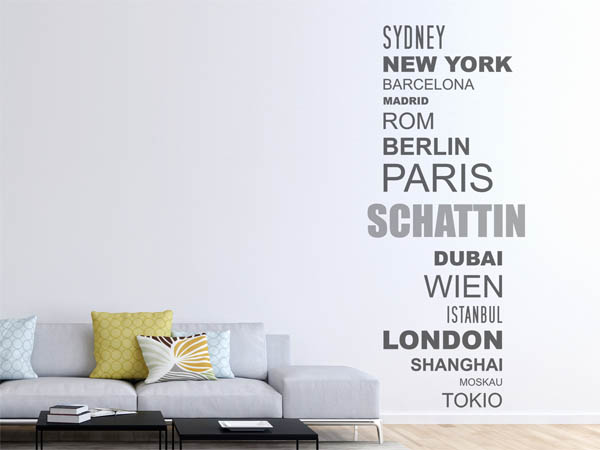 Wandtattoo Schattin mit Weltstädten