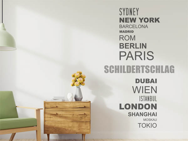 Wandtattoo Schildertschlag mit Weltstädten