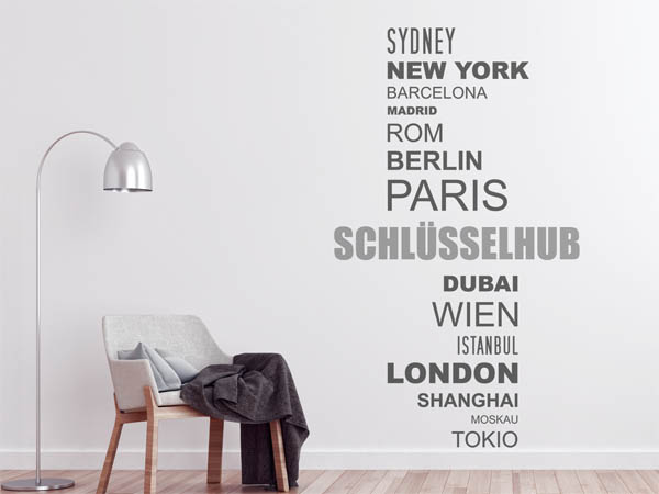 Wandtattoo Schlüsselhub mit Weltstädten