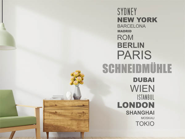 Wandtattoo Schneidmühle mit Weltstädten