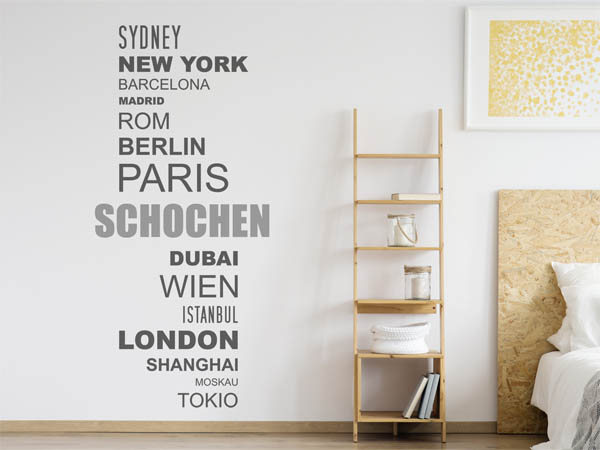 Wandtattoo Schochen mit Weltstädten