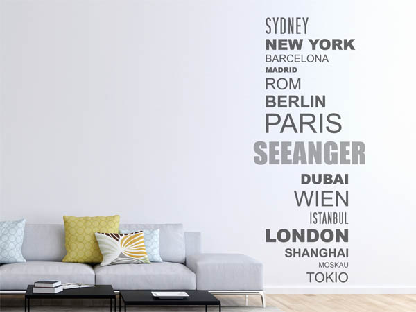Wandtattoo Seeanger mit Weltstädten