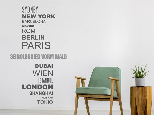 Wandtattoo Seiboldsried vorm Wald mit Weltstädten
