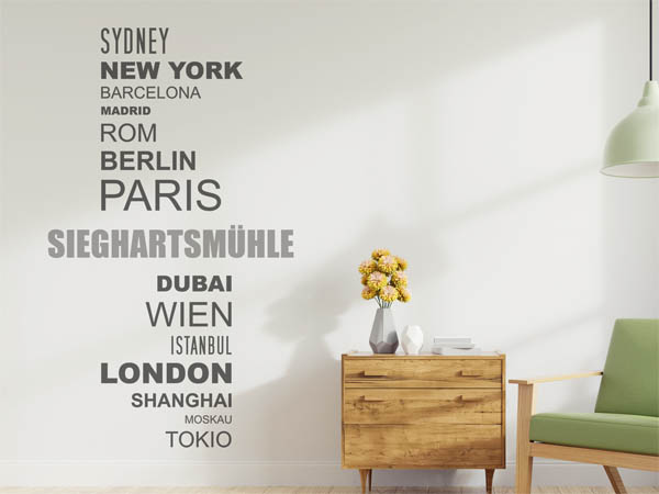 Wandtattoo Sieghartsmühle mit Weltstädten