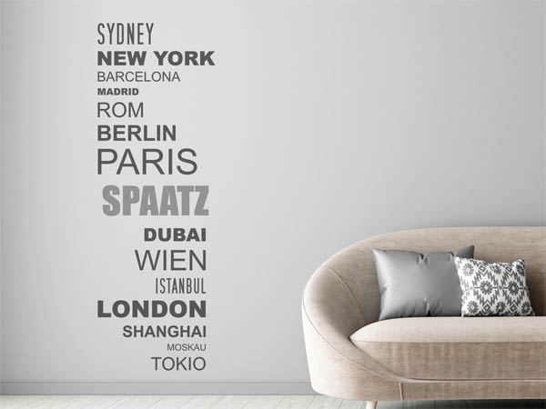Wandtattoo Spaatz mit Weltstädten