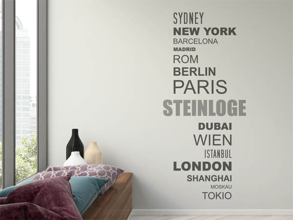 Wandtattoo Steinloge mit Weltstädten