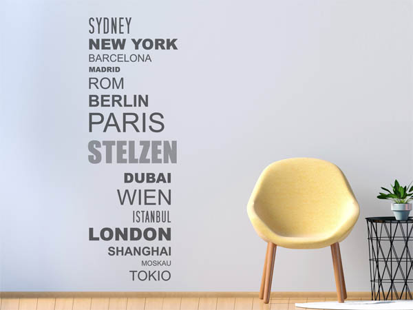 Wandtattoo Stelzen mit Weltstädten