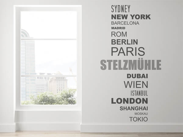 Wandtattoo Stelzmühle mit Weltstädten