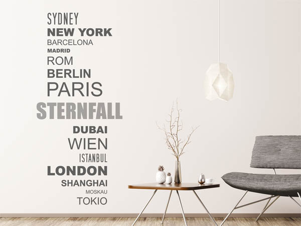 Wandtattoo Sternfall mit Weltstädten